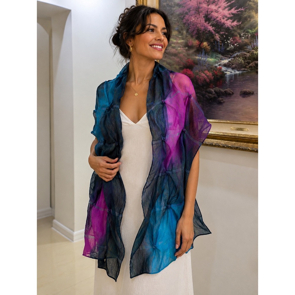 Unbranded Silk Lurex Sheer Wrap Scarf Teal Magenta Metallic Textured‎ Shawl